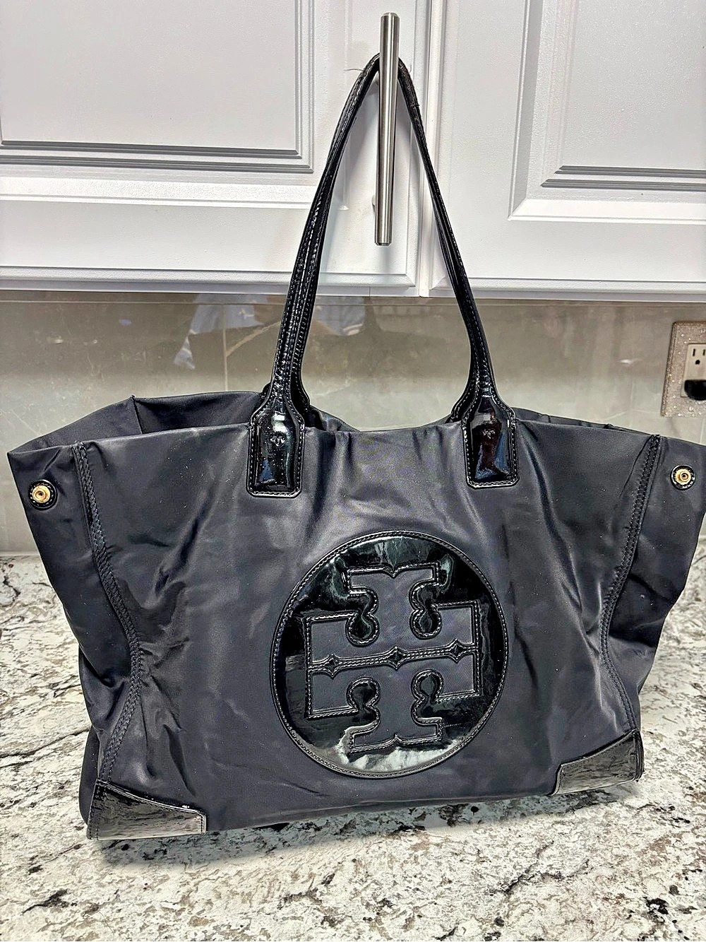 Tory Burch Ella Patent Nylon Tote Black